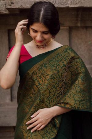 Green Gold Border Soft Silk Sari With Saree Blouse
