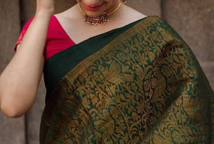 Green Gold Border Soft Silk Sari With Saree Blouse