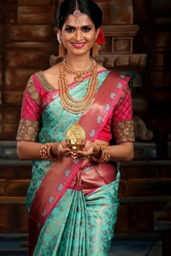 Pink & Green Kanjivaram Saree Blouse for Woman, Latest Designer Soft Silk  Saree for Weddings - Etsy