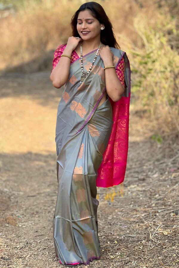 Banarasee Cotton Silk Saree With Antique Zari Leaf Buta & Border-Grey