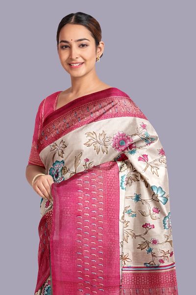 Light Cream Soft Handloom Kanjivaram Weaving Silk Saree With Contrast Border  By Kolour