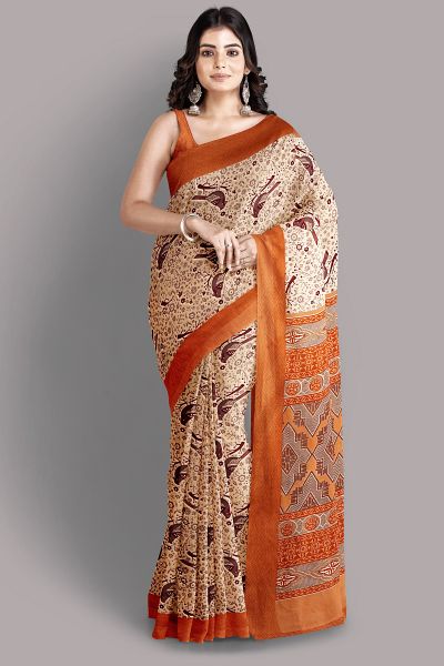 Beige Color Digital Printed Pure Chanderi Saree With Blouse Piece