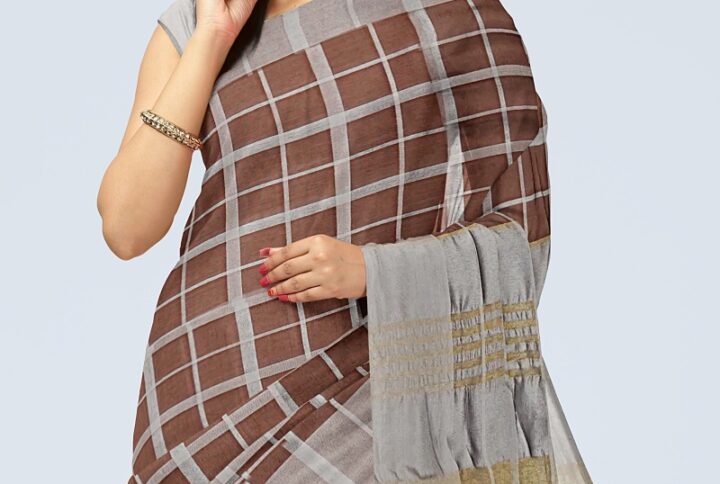 Brown Cotton Linen Saree Checked Pattern With Blouseepika india epiak saress epika fashion,Kanchipuram silk,soft silk